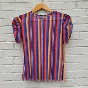Zara Trafaluc Rainbow‎ Multicolor Stripe Sheer Short Sleeve Top Size Medium